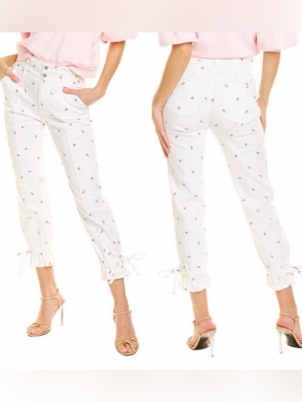 Something Navy Sylvia Embroidered Floral High Waist White Denim Pants Size 8 NWT